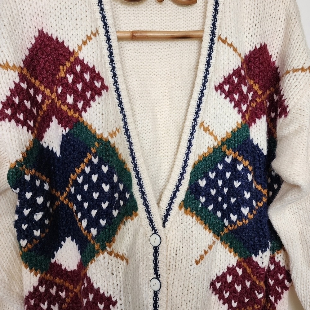 ​Vtg Maggie Lawrence Argyle Ramie Blend Cardigan Sweater L - Picture 4 of 10